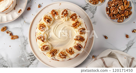 Russian honey cake, or carrot and pecan cake, layers of sponge cake and creamy frosting, decorated with caramelized nuts. 120171450