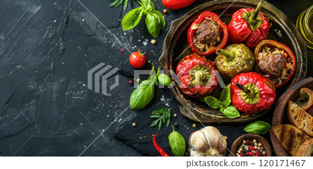 Yantyk on a black slate background, Tatar stuffed peppers filled with rice and meat, dark background. Yantyk on a black slate background, Tatar stuffed peppers filled with rice and meat, dark background. 120171467