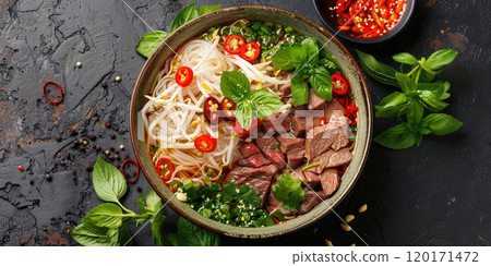 Top view of a colorful plate of Vietnamese pho, with rice noodles, beef slices, bean sprouts, and fresh herbs, on a dark background. 120171472