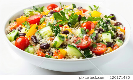 Quinoa salad with cherry tomatoes, cucumbers, bell peppers, black beans, and cilantro, on a white background 120171480