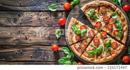 Pizza served on rustic wooden board, Warm and cozy cafe background, Authentic Italian atmosphere, Vibrant colors and fresh ingredients 120171497