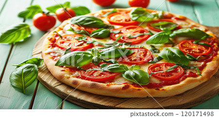 Pizza served on rustic wooden blue table, Warm and cozy cafe background, Authentic Italian atmosphere, Vibrant colors and fresh ingredients 120171498
