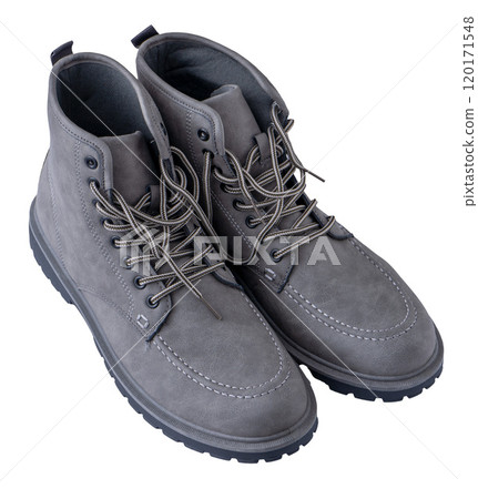 A pair of gray men's boots isolated on white background. 120171548