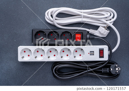 Electrical outlet extension cord. White cable with USB connector for charging phones. Electrical appliance. Extension cable Electrical outlet extension cord. White cable with USB connector for charging phones. Electrical appliance. Extension cable 120171557