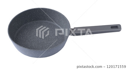 New granite frying pan isolated on white background, top view. Empty fry pan with handle. 120171559