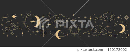 Celestial seamless border, witch spiritual decoration with asian clouds moon, sun burst and stars. line astrology pattern, minimal geometric background. 120172002