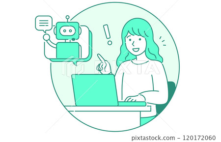 A woman using a computer to talk to an artificial intelligence AI robot and chatbot - simple and pop vector illustration 120172060