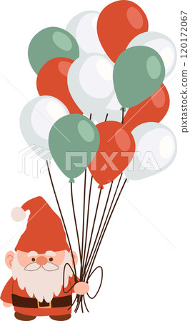 Cute Christmas gnome illustration with holiday balloons in festive colors 120172067
