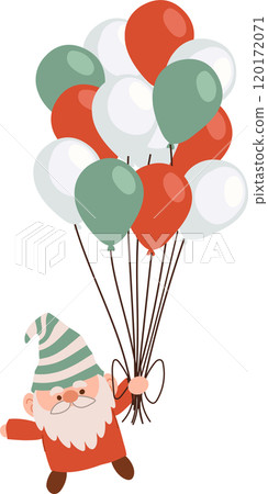 Christmas gnome in holiday colors holding a festive balloon bunch. 120172071