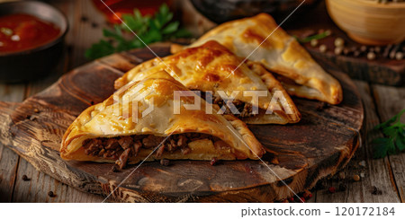 Fried or baked pasties with minced meat filling, rustic presentation on dark wooden table. 120172184