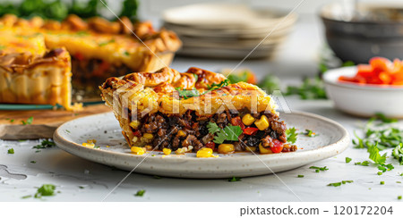 Pastel de Choclo on a white marble table, Chilean corn pie with meat filling, Colorful and hearty dish. 120172204