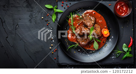 Osso Buco plated artistically on dark background, restaurant setting, Gourmet presentation with rich sauce. 120172212