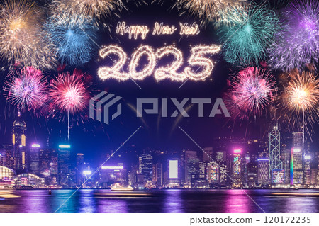 Happy new year 2025 firework over cityscape building near sea at night time celebration 120172235
