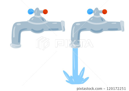 Water tap. Plumbing droplet, pour and flow cartoon illustration. Faucet and blue flowing liquid Water tap. Plumbing droplet, pour and flow cartoon illustration. Faucet and blue flowing liquid 120172251