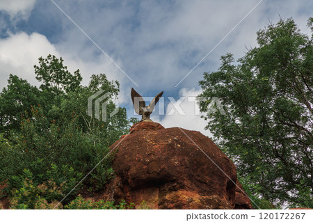 Eagle sculpture monument at the Red Stones, a landmark of the Kislovodsk National Park. Russia 120172267