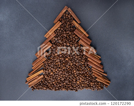 Christmas tree aroma food background. Coffee beans and cinnamon sticks. 120172290
