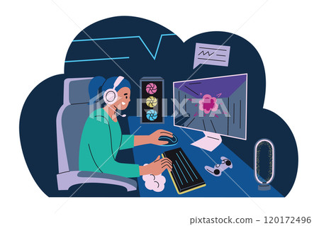 Vector illustration of female gamer streaming on desktop setup with headphones, monitor, and gaming accessories in flat, cartoon style. Girl character playing esports, entertainment theme Vector illustration of female gamer streaming on desktop setup with headphones, monitor, and gaming accessories in flat, cartoon style. Girl character playing esports, entertainment theme 120172496