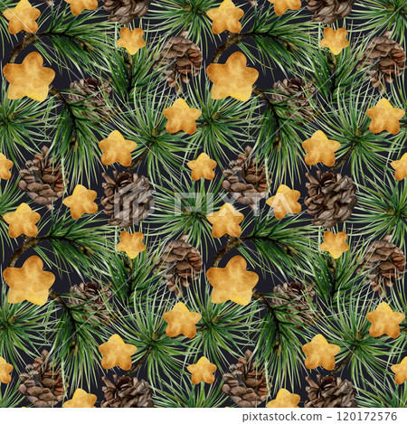 Pine, fir tree, spruce branches cones, gold star baubles. Watercolor hand drawn illustration, seamless pattern isolated on dark. Xmas, happy new year festive, noel navidad holiday. Paper, textile 120172576