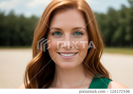 Happy woman redhead enjoying the summer vacation at the beach 120172596