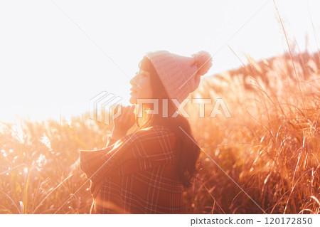 一個女人被夕陽染上的潘帕斯草包圍 120172850