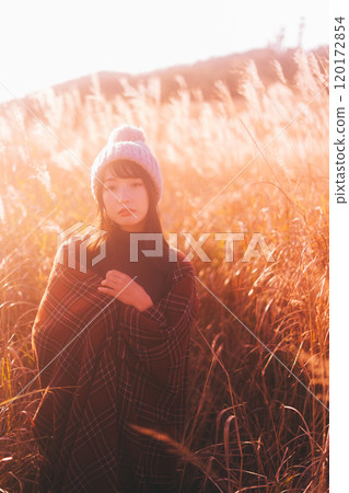 A woman surrounded by silver grass dyed in the sunset 120172854