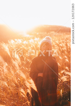 A woman surrounded by silver grass dyed in the sunset 120172863