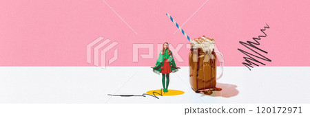 Girl dressed in Christmas tree-themed outfit standing next to festive hot chocolate with whipped cream and striped straw. Contemporary art collage. Girl dressed in Christmas tree-themed outfit standing next to festive hot chocolate with whipped cream and striped straw. Contemporary art collage. 120172971