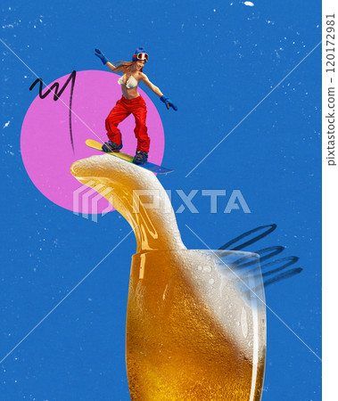 Woman in bikini top and winter pants, snowboarder riding foam of fresh glass of beer against vibrant blue background. Holiday vibes. Contemporary art collage. 120172981