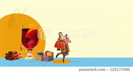 Cheerful young woman with present boxes standing next to glass of warm mulled wine with cinnamon. Warm and festive mood. Contemporary art collage. Cheerful young woman with present boxes standing next to glass of warm mulled wine with cinnamon. Warm and festive mood. Contemporary art collage. 120172990