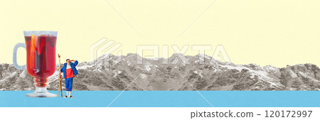 Glass of mulled wine against snowy mountain background with miniature man, skier admires view, bringing sense of holiday adventure. Contemporary art collage. 120172997