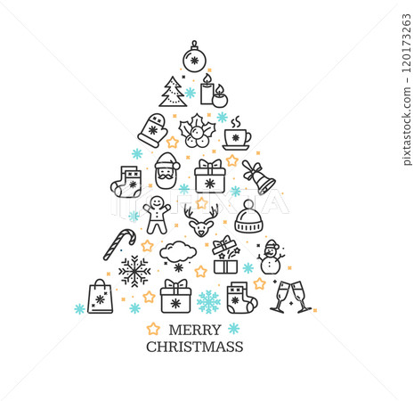 Merry Xmas Concept Placard Poster Banner Card Template Christmas Tree Shape with Thin Line Icon Set. Vector Merry Xmas Concept Placard Poster Banner Card Template Christmas Tree Shape with Thin Line Icon Set. Vector 120173263