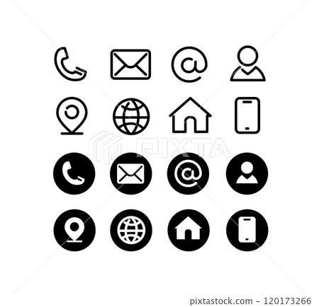 Different Types Black Contact Information Icons Set for Business Cards. Vector 120173266