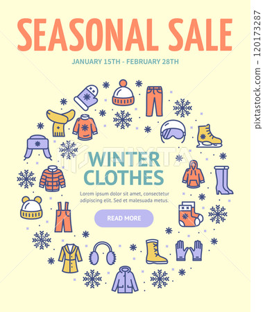 Winter Seasonal Sale Concept Vertical Invitation Placard Poster Banner Card Template. Vector Winter Seasonal Sale Concept Vertical Invitation Placard Poster Banner Card Template. Vector 120173287