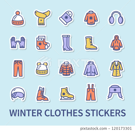 Winter Clothes Sticker Color Thin Line Icon Set. Vector Winter Clothes Sticker Color Thin Line Icon Set. Vector 120173301