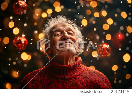 Elderly man wearing a cozy red sweater, joyfully surrounded by soft, glowing holiday lights Elderly man wearing a cozy red sweater, joyfully surrounded by soft, glowing holiday lights 120173449