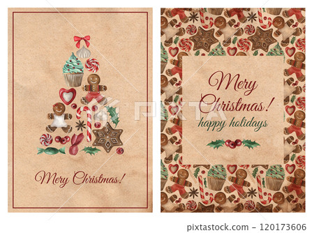 A set of vintage postcards for the Christmas holiday. Gingerbread cookies, cupcakes, lollipops, candies. The illustrations are hand-drawn in watercolor on a background of old paper For congratulations A set of vintage postcards for the Christmas holiday. Gingerbread cookies, cupcakes, lollipops, candies. The illustrations are hand-drawn in watercolor on a background of old paper For congratulations 120173606