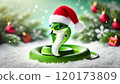 A cheerful green snake wearing a Santa hat celebrates New Year 2025 in a snowy forest with Christmas decorations, gifts, and fireworks lighting up the night sky. 120173809
