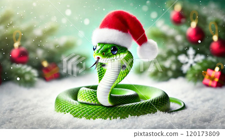 A cheerful green snake wearing a Santa hat celebrates New Year 2025 in a snowy forest with Christmas decorations, gifts, and fireworks lighting up the night sky. A cheerful green snake wearing a Santa hat celebrates New Year 2025 in a snowy forest with Christmas decorations, gifts, and fireworks lighting up the night sky. 120173809