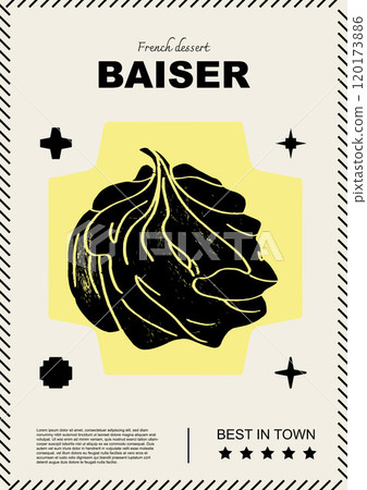 French merengue, baiser. Price tag or poster design. Set of vector illustrations. Typography. Engraving style. Labels, cover, t-shirt print, painting. 120173886