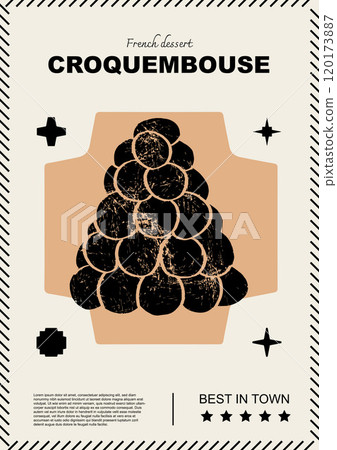 French Croquembouche. Price tag or poster design. Set of vector illustrations. Typography. Engraving style. Labels, cover, t-shirt print, painting. 120173887