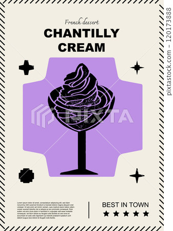 French chantilly cream. Price tag or poster design. Set of vector illustrations. Typography. Engraving style. Labels, cover, t-shirt print, painting. French chantilly cream. Price tag or poster design. Set of vector illustrations. Typography. Engraving style. Labels, cover, t-shirt print, painting. 120173888