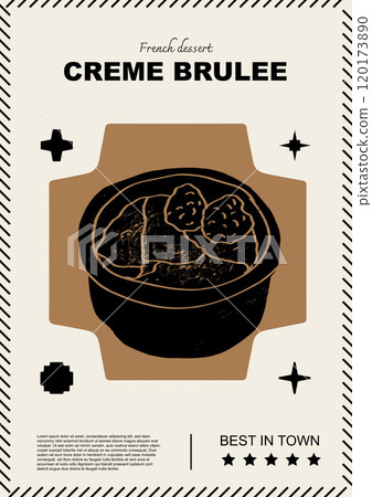 French creme brulee. Price tag or poster design. Set of vector illustrations. Typography. Engraving style. Labels, cover, t-shirt print, painting. French creme brulee. Price tag or poster design. Set of vector illustrations. Typography. Engraving style. Labels, cover, t-shirt print, painting. 120173890