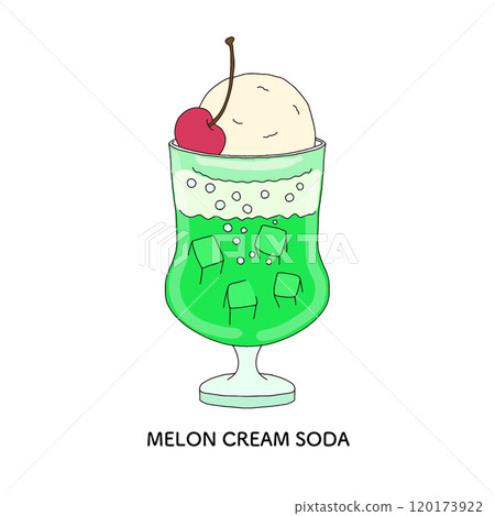 Melon cream soda at a coffee shop - hand-drawn illustration 120173922