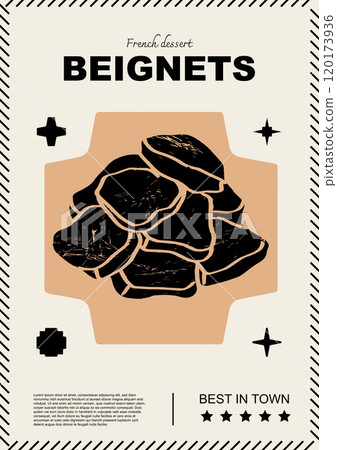 French beignets. Price tag or poster design. Set of vector illustrations. Typography. Engraving style. Labels, cover, t-shirt print, painting. French beignets. Price tag or poster design. Set of vector illustrations. Typography. Engraving style. Labels, cover, t-shirt print, painting. 120173936