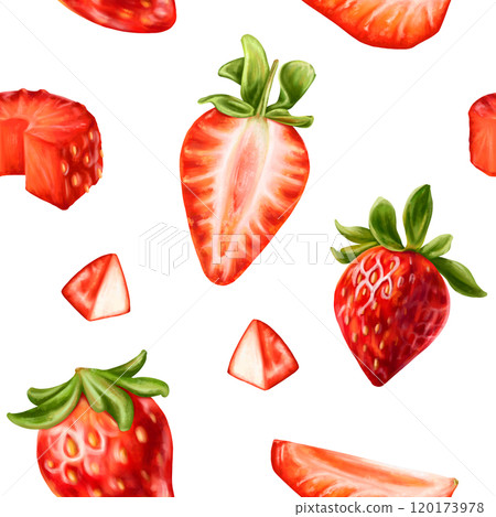 Seamless pattern with bright berries and strawberry slices. Sweet healthy dessert, cooking ingredients. Decorations for a festive table, a summer party. Hand-drawn illustrations, background Seamless pattern with bright berries and strawberry slices. Sweet healthy dessert, cooking ingredients. Decorations for a festive table, a summer party. Hand-drawn illustrations, background 120173978