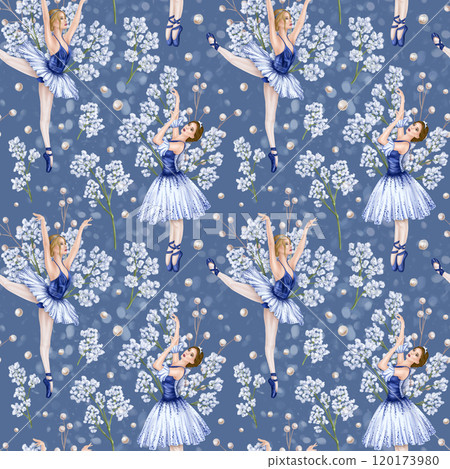 Seamless pattern with a dancing ballerina girl decorated with gypsophila. Theatrical performance of an elegant gymnast in a blue tutu and pointe shoes. Digital isolated illustration Seamless pattern with a dancing ballerina girl decorated with gypsophila. Theatrical performance of an elegant gymnast in a blue tutu and pointe shoes. Digital isolated illustration 120173980