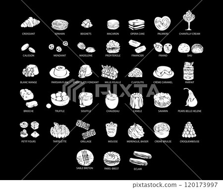 Big set of french sweets. Hand drawn colorful illustration of popular traditional desserts for cafe, bakery and restaurant menu. 120173997