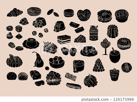 Big set of french sweets. Hand drawn illustration of popular traditional desserts for cafe, bakery and restaurant menu. 120173999