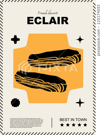 French eclair. Price tag or poster design. Set of vector illustrations. Typography. Engraving style. Labels, cover, t-shirt print, painting. 120174085