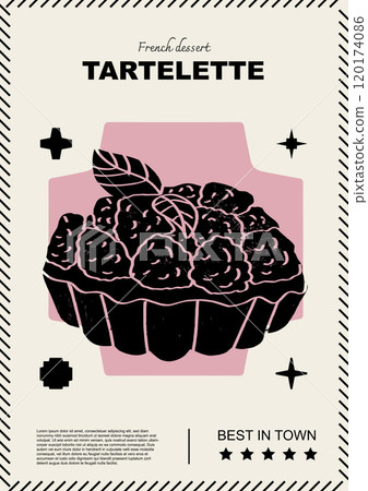 French tartlet. Price tag or poster design. Set of vector illustrations. Typography. Engraving style. Labels, cover, t-shirt print, painting. 120174086